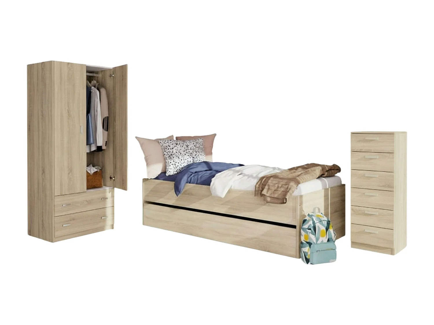 Pack Muebles Dormitorio Juvenil Tibet Roble (Cama 90x190 + Armario + Cómoda)