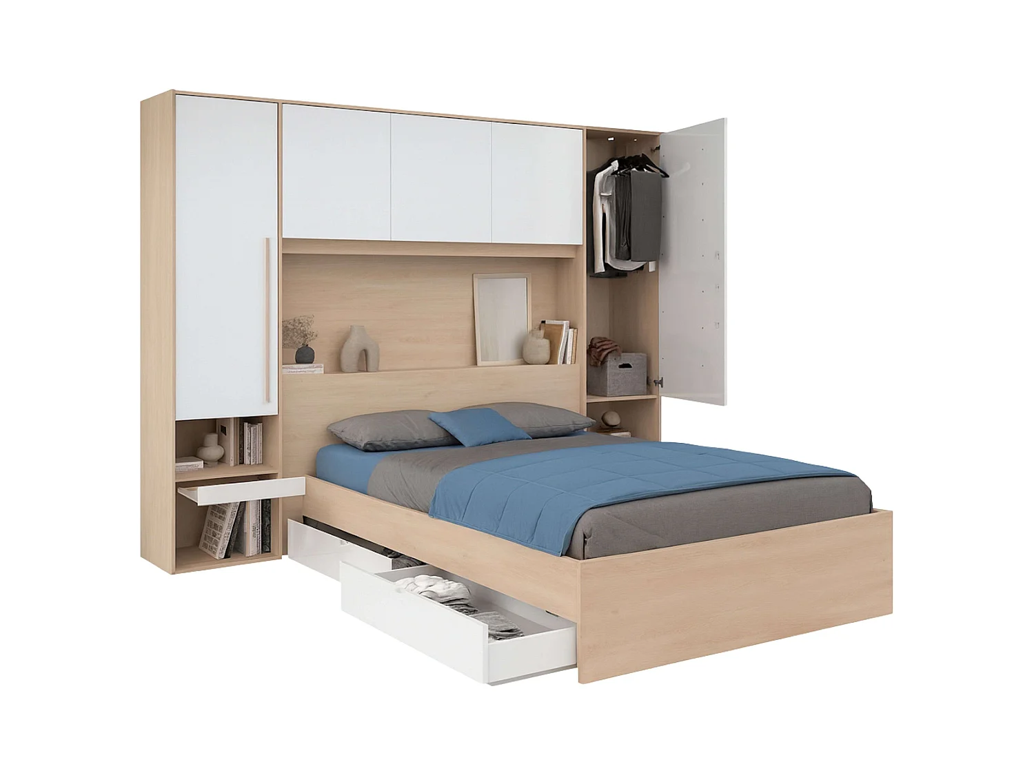 Pack Dormitorio John Cama 135-140x190 cm con Cajones y Cabecero Roble