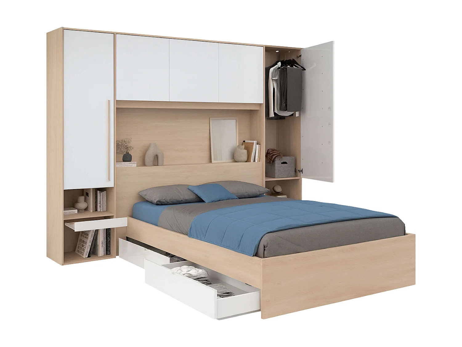 Pack Dormitorio John Cama 135-140x190 cm con Cajones y Cabecero Roble