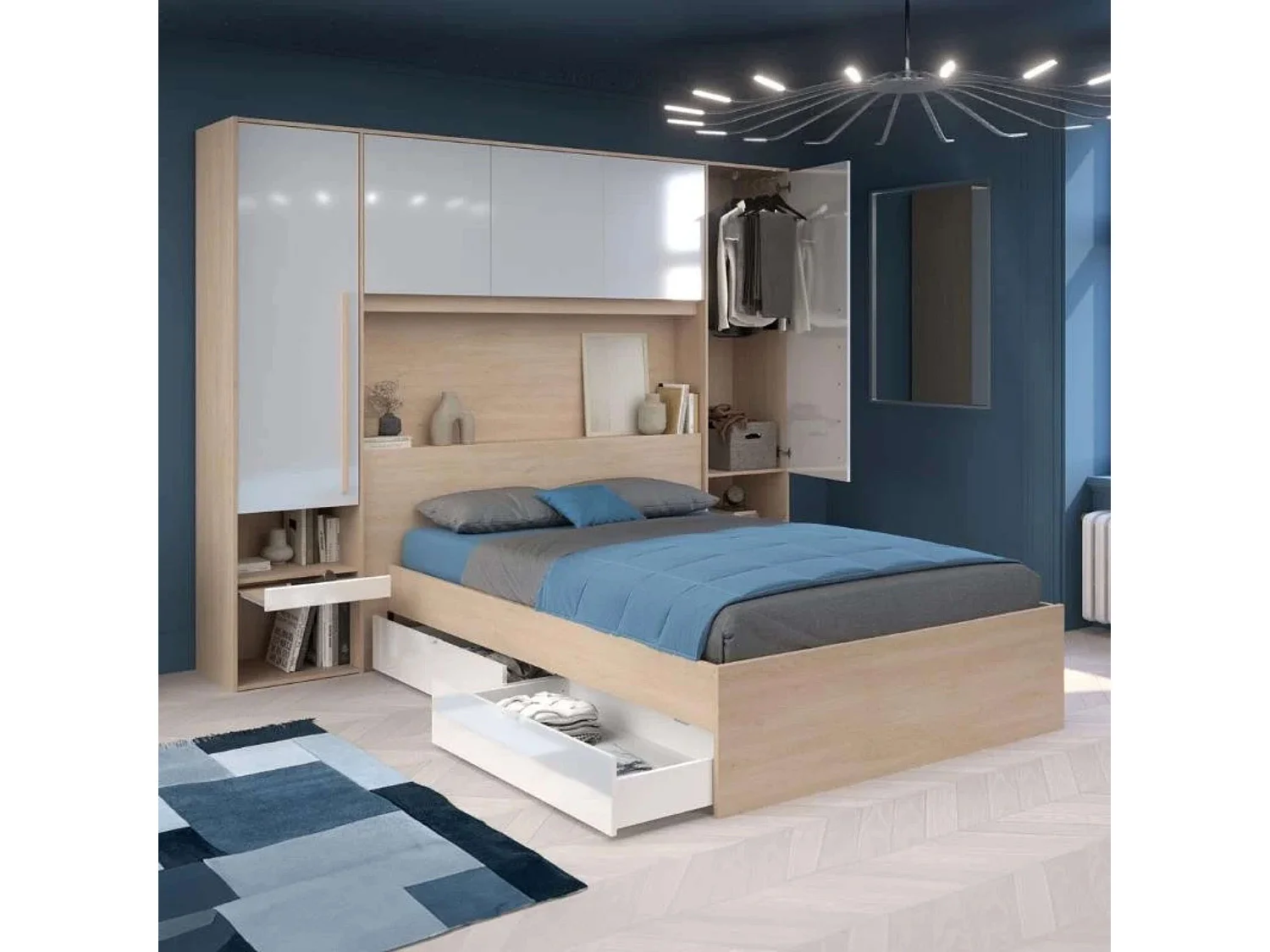 Pack Dormitorio John Cama 135-140x190 cm con Cajones y Cabecero Roble