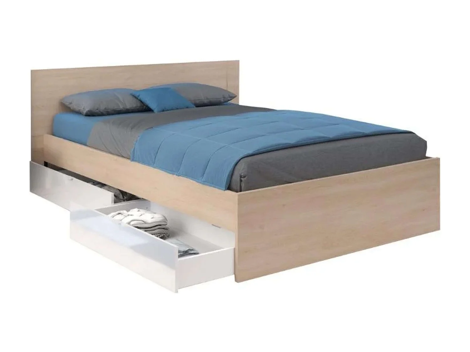 Pack Dormitorio John Cama 135-140x190 cm con Cajones y Cabecero Roble