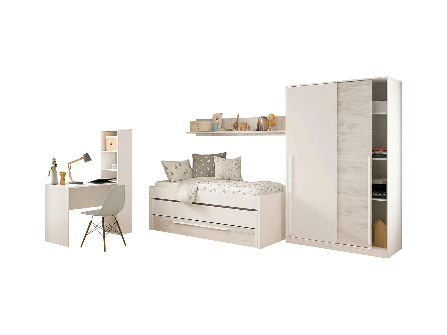 Pack Muebles Dormitorio Juvenil Blanco y Roble: Cama + Armario + Escritorio.