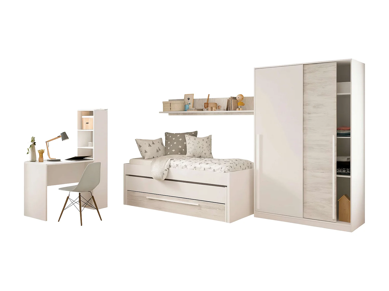 Pack Muebles Dormitorio Juvenil Blanco y Roble: Cama + Armario + Escritorio.