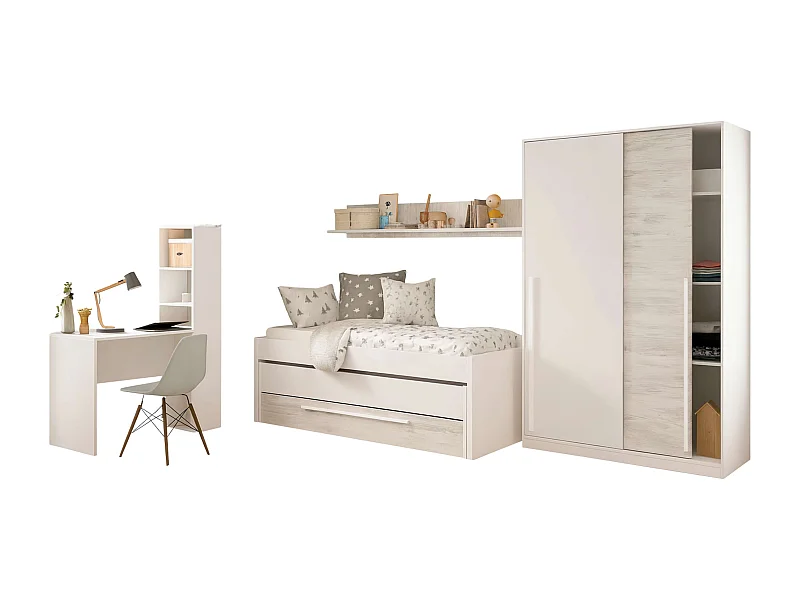 Pack Muebles Dormitorio Juvenil Blanco y Roble: Cama + Armario + Escritorio.