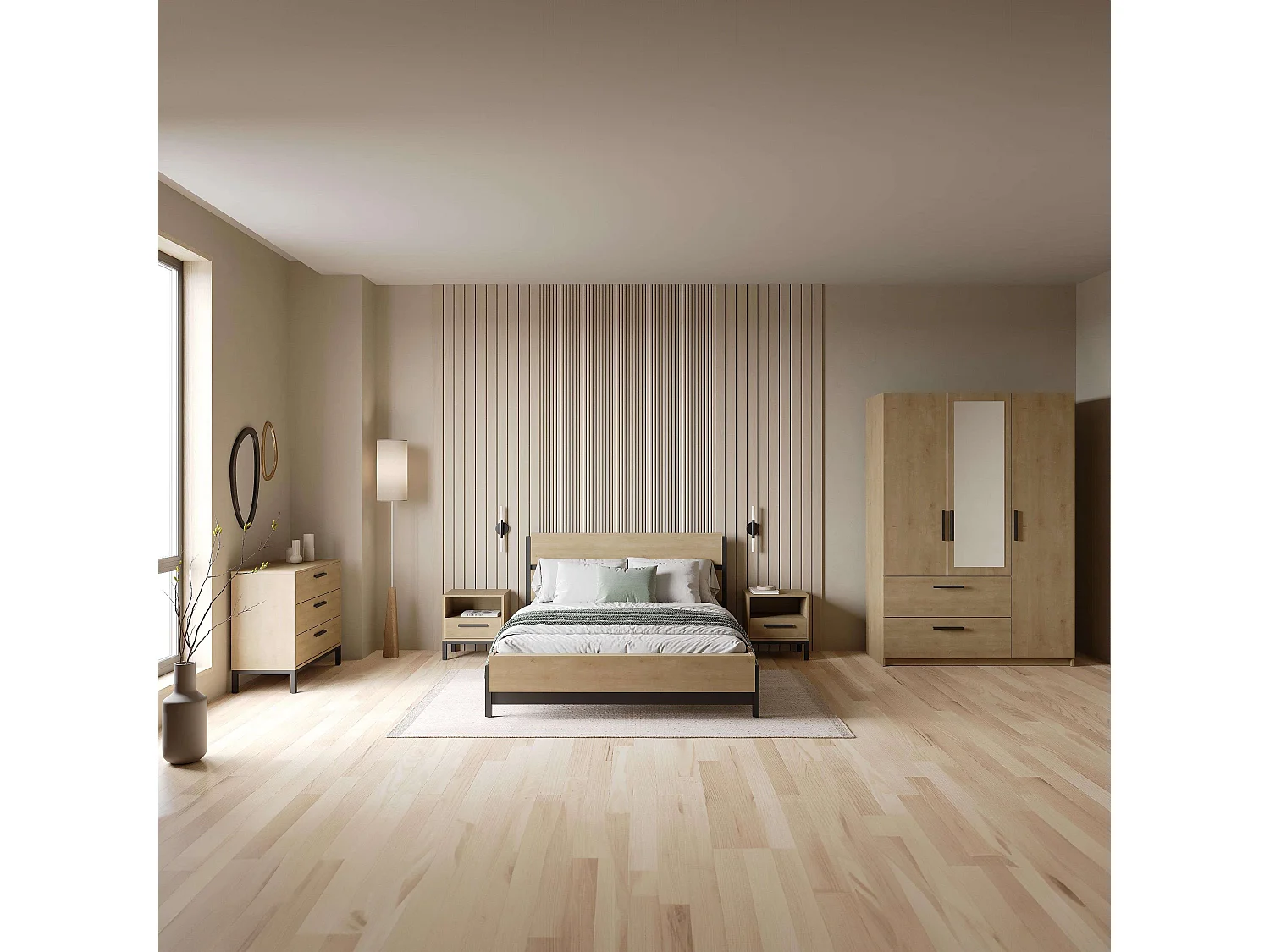 Pack Dormitorio Craft roble Hamilton (cama + mesitas + cómoda)