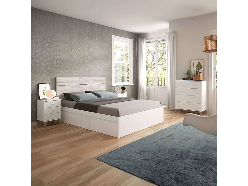 Set Muebles Dormitorio Blanco 150 cm (Cabecero + Mesitas + Cama + Cómoda)