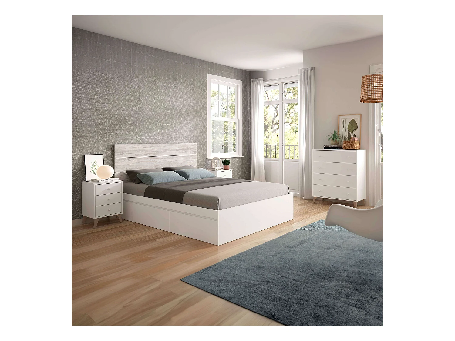 Set Muebles Dormitorio Blanco 150 cm (Cabecero + Mesitas + Cama + Cómoda)
