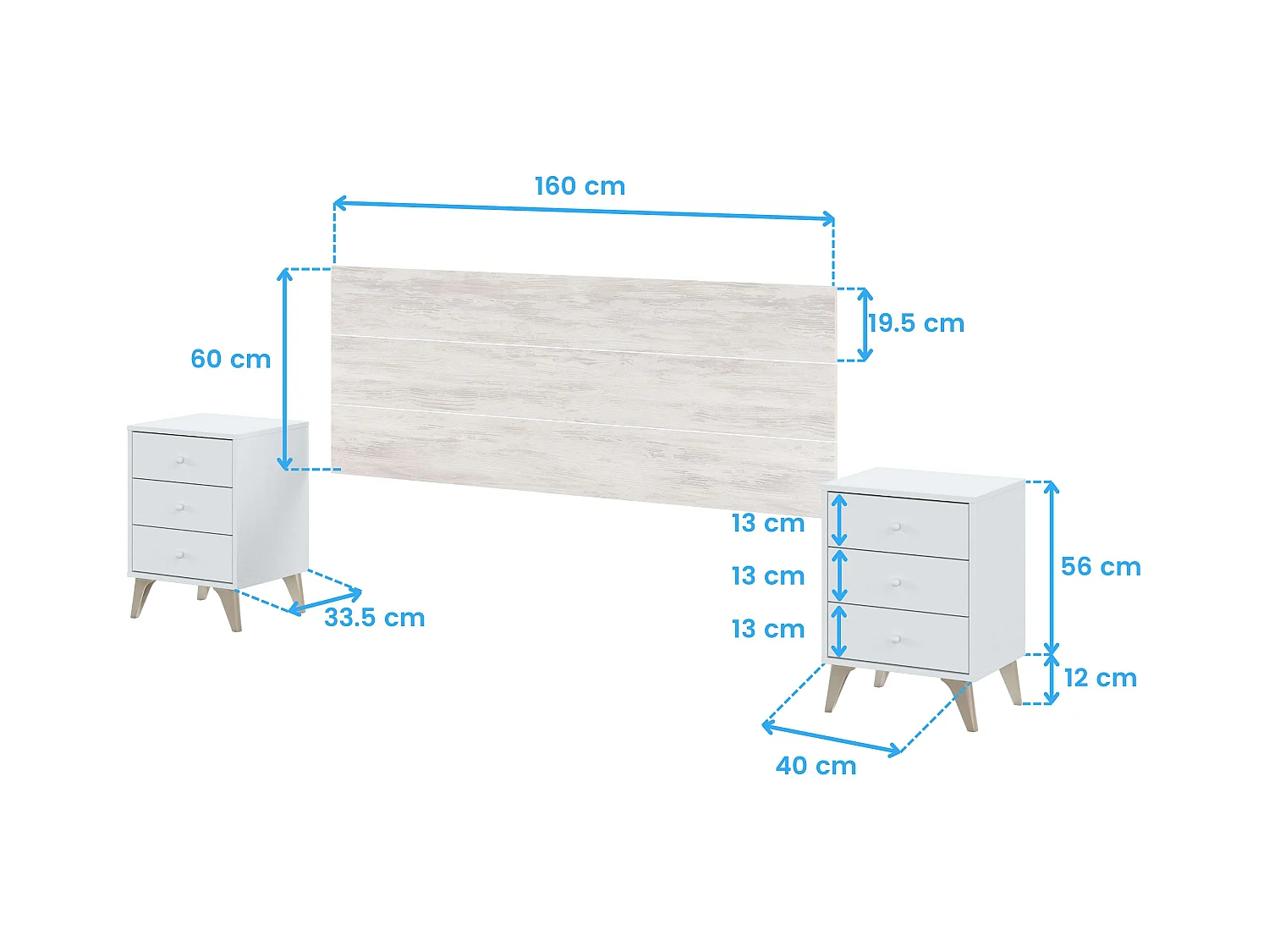 Set Muebles Dormitorio Blanco 150 cm (Cabecero + Mesitas + Cama + Cómoda)