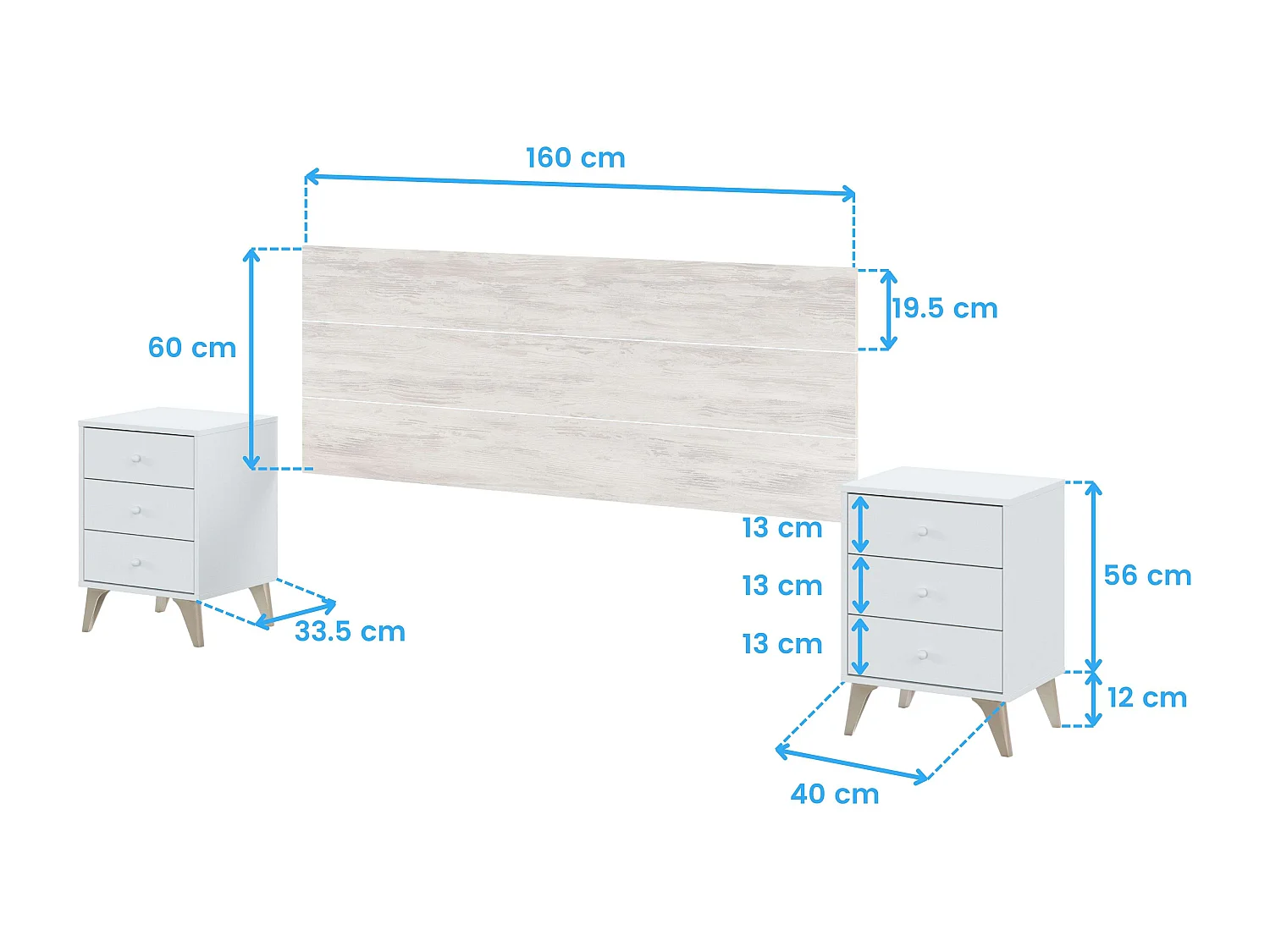 Set Muebles Dormitorio Blanco 150 cm (Cabecero + Mesitas + Cama + Cómoda)