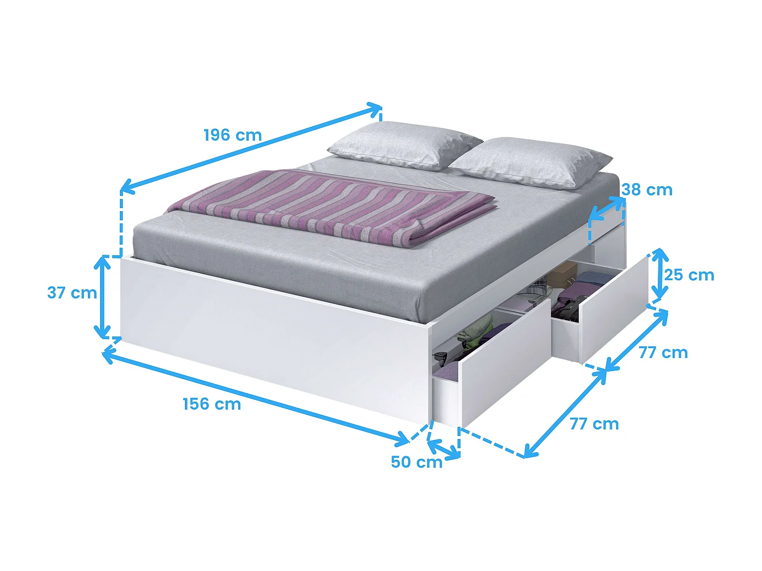 Set Muebles Dormitorio Blanco 150 cm (Cabecero + Mesitas + Cama + Cómoda)