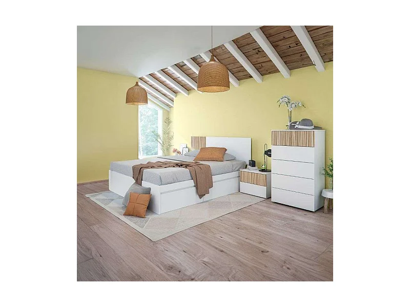 Pack Dormitorio Etnha: Cabecero, 2 Mesitas, Cama c/Cajones, Cómoda