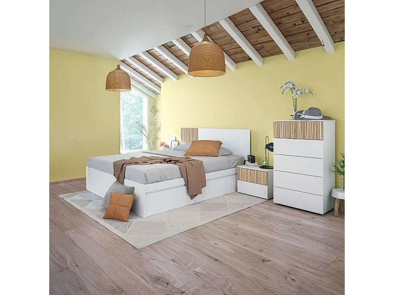 Pack Dormitorio Etnha: Cabecero, 2 Mesitas, Cama c/Cajones, Cómoda