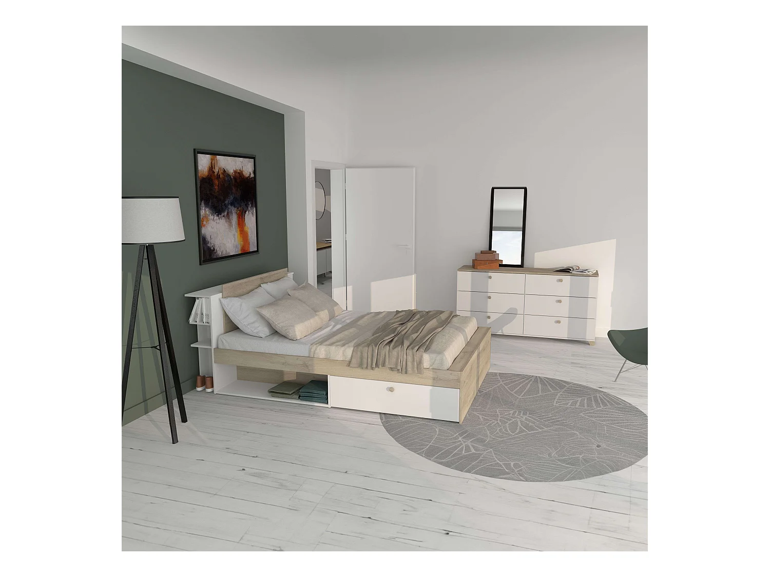 Pack Dorm. Nórdico Izzy Blanco Mate/Roble Kronberg: Cama y Cómoda