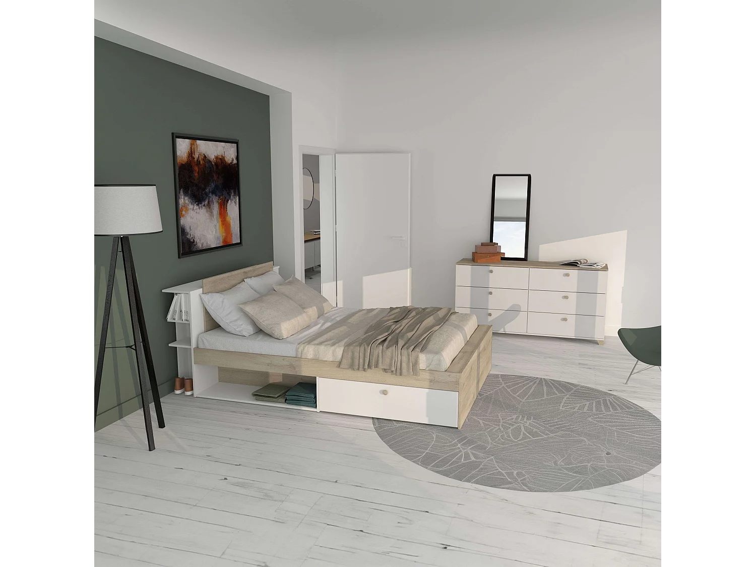 Pack Dorm. Nórdico Izzy Blanco Mate/Roble Kronberg: Cama y Cómoda