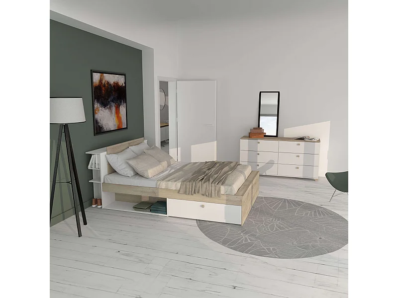 Pack Dorm. Nórdico Izzy Blanco Mate/Roble Kronberg: Cama y Cómoda