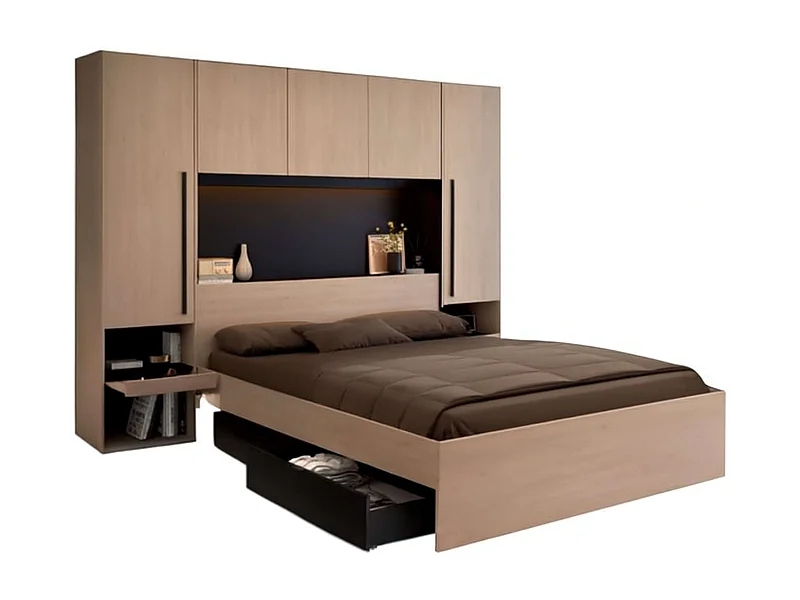 Pack Dormitorio John Cama con Cajones y Cabecero Roble Brooklyn (160x200 cm)