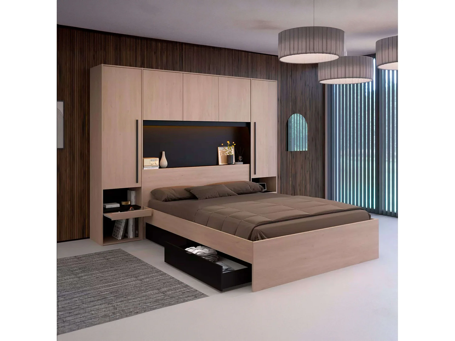 Pack Dormitorio John Cama con Cajones y Cabecero Roble Brooklyn (160x200 cm)