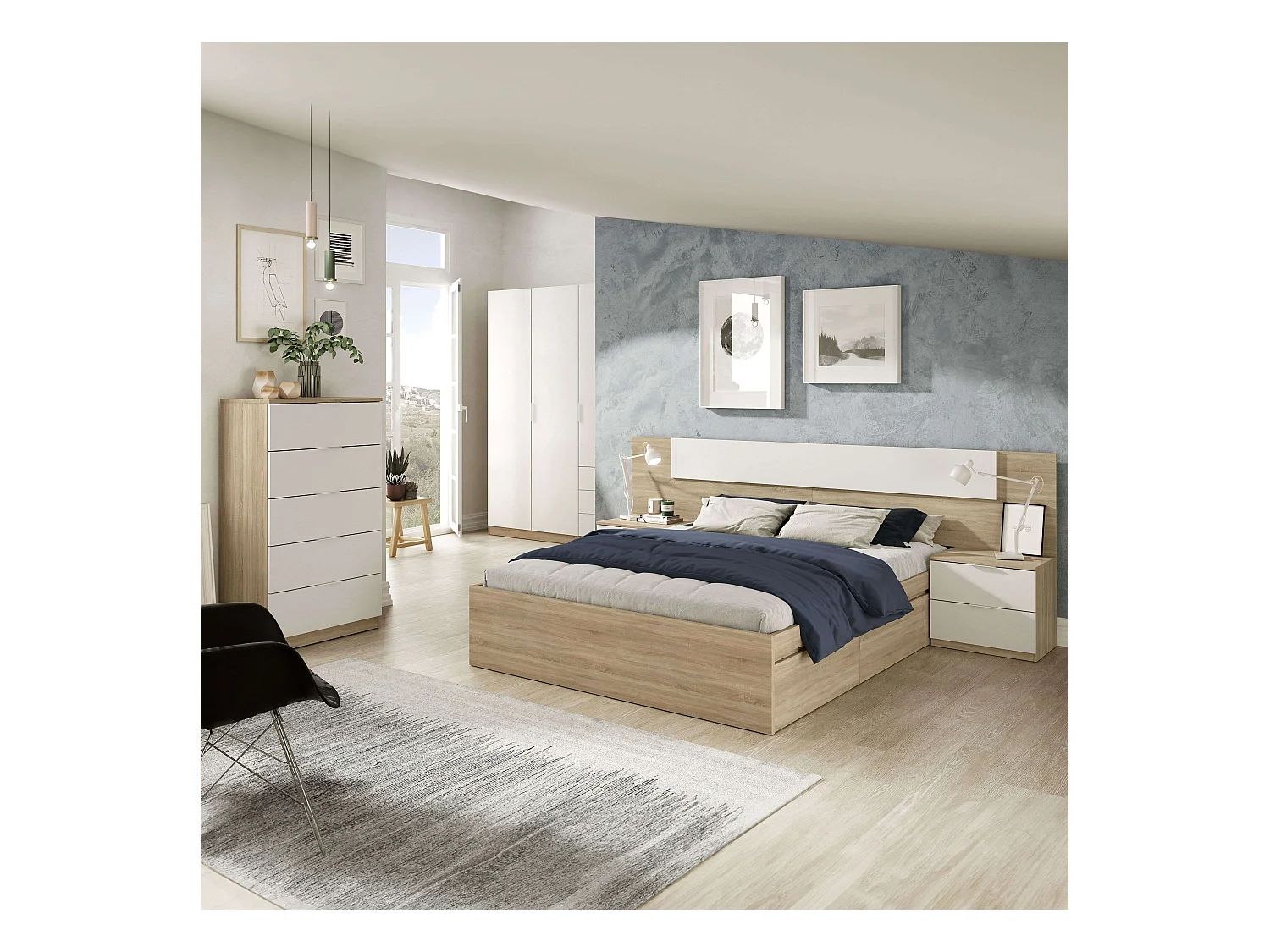 Pack Dormitorio Alba II 150x190: cama, cabezal, 2 mesitas, armario, sinfonier
