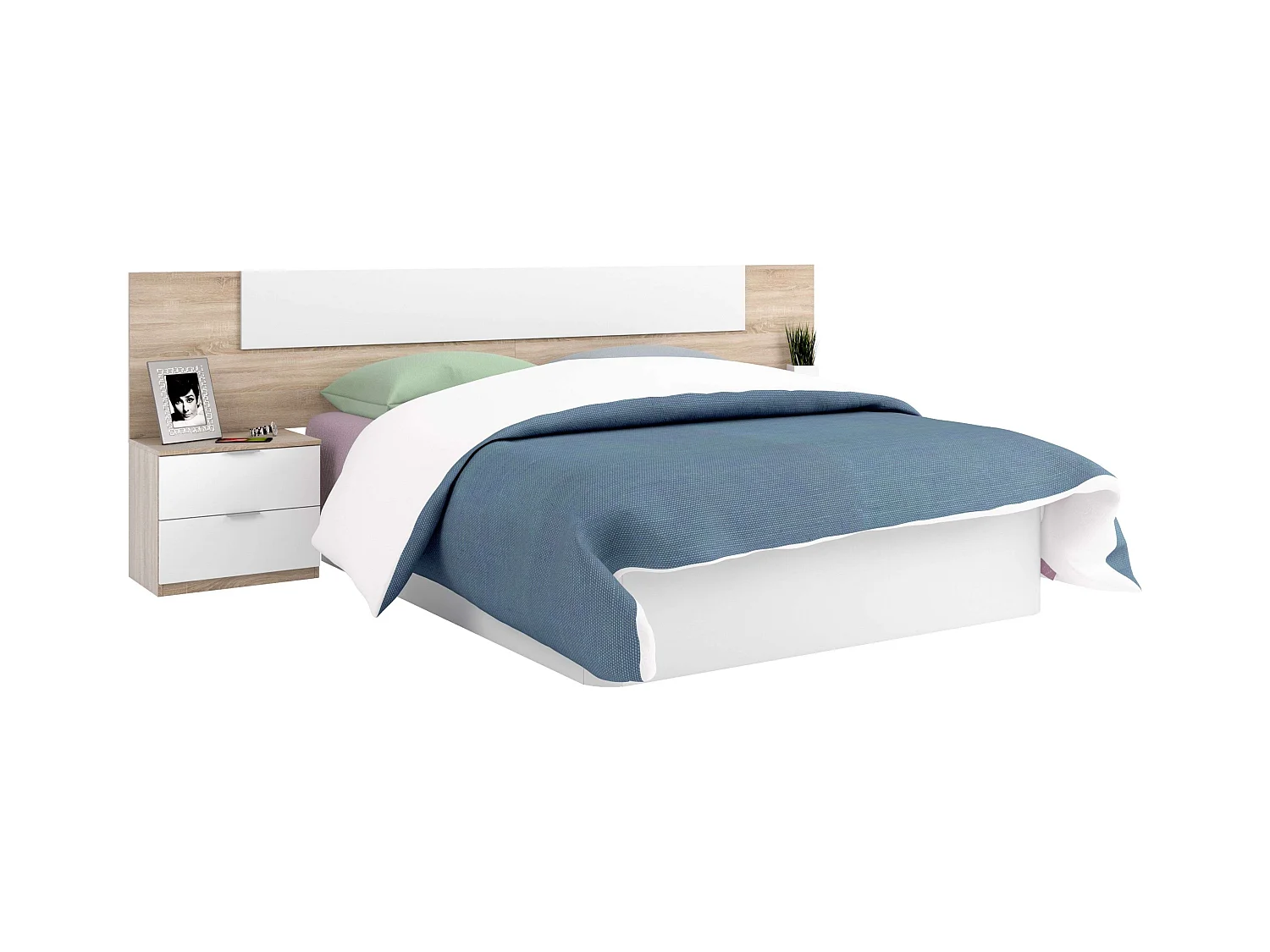 Pack Dormitorio Alba II 150x190: cama, cabezal, 2 mesitas, armario, sinfonier