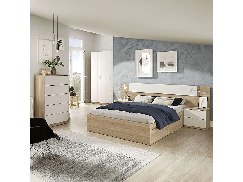 Pack Dormitorio Alba II 150x190: cama, cabezal, 2 mesitas, armario, sinfonier