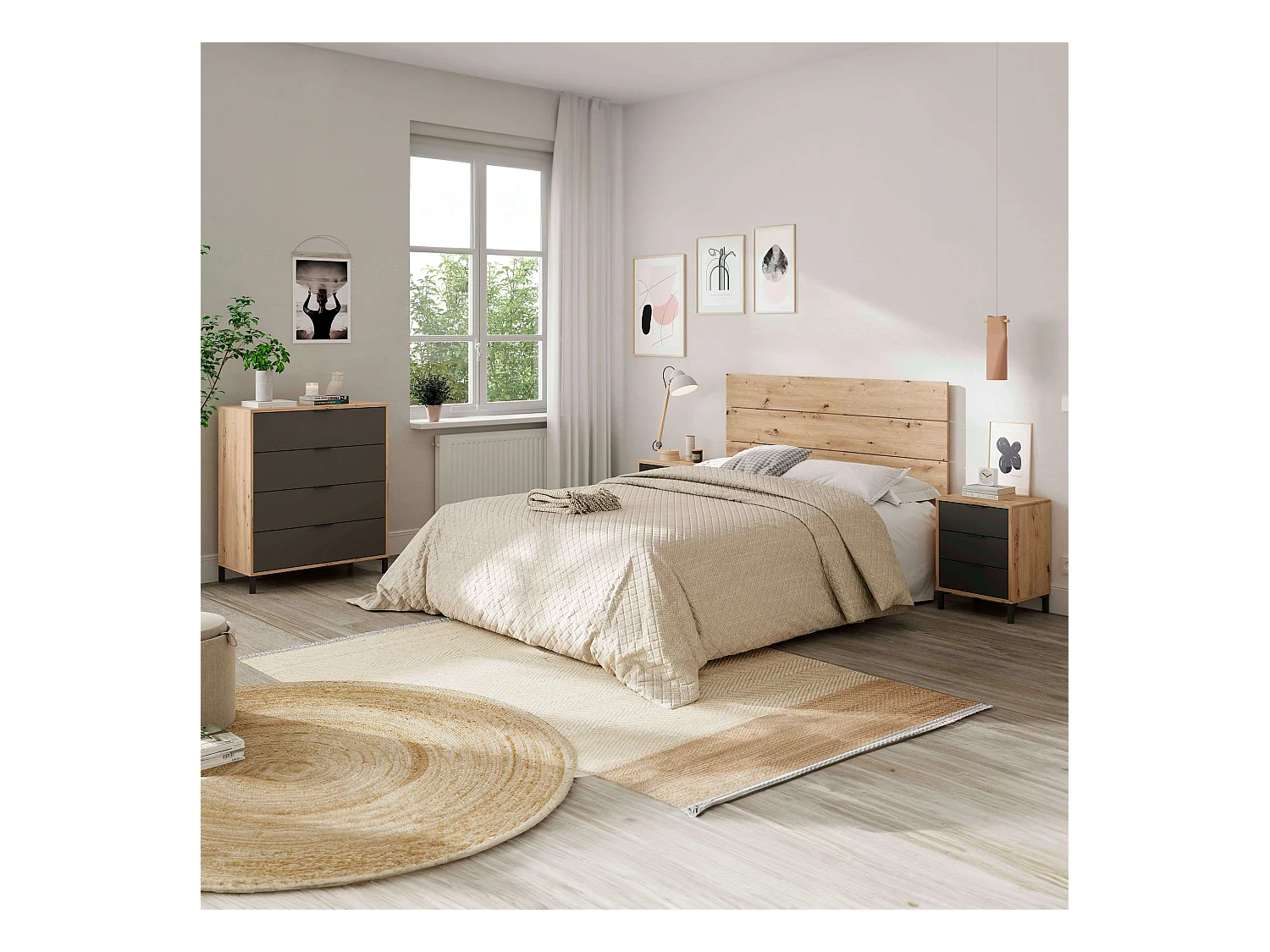 Pack dormitorio Roble Nodi y gris antracita 150 cm o 135 cm
