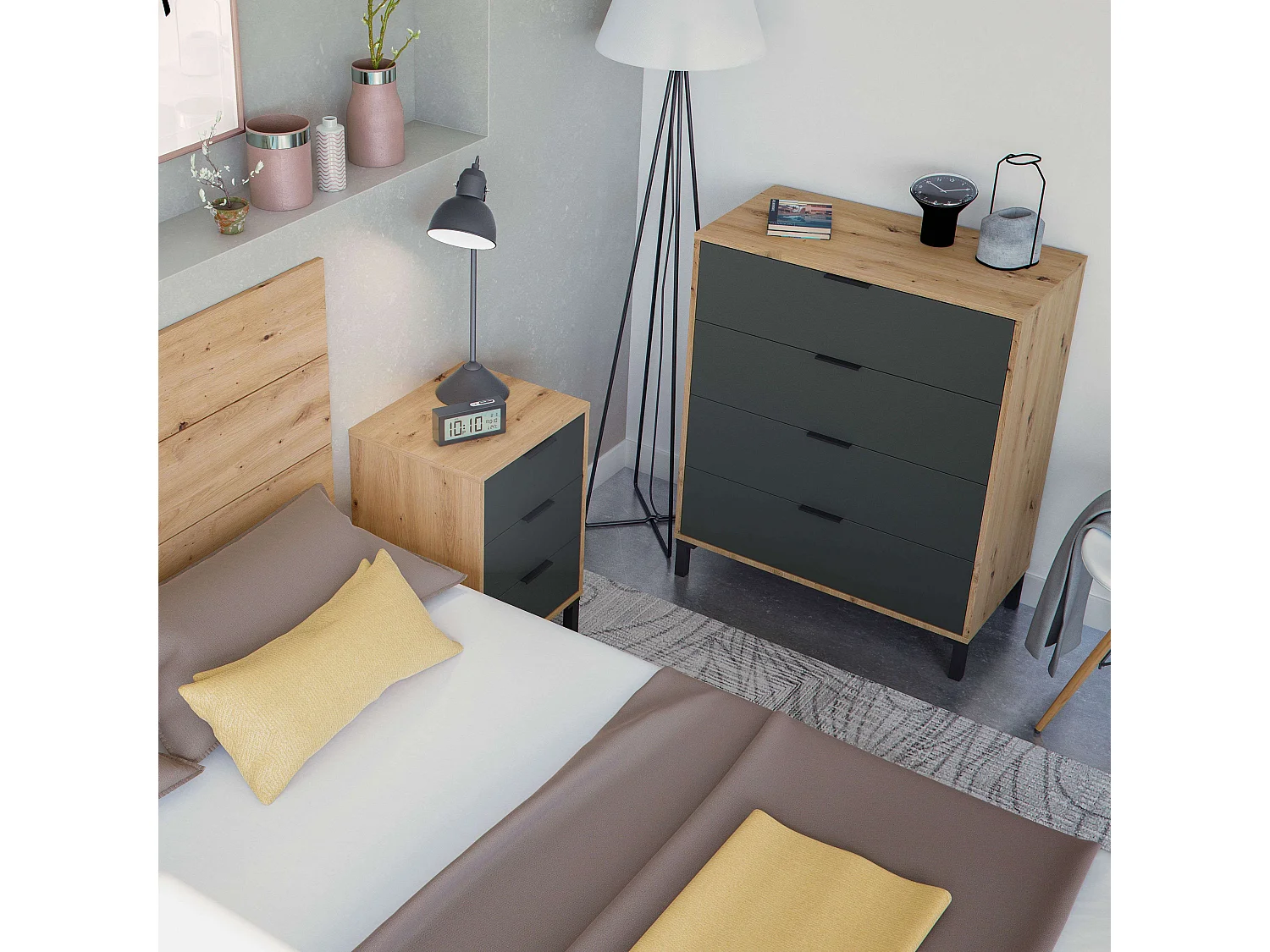 Pack dormitorio Roble Nodi y gris antracita 150 cm o 135 cm