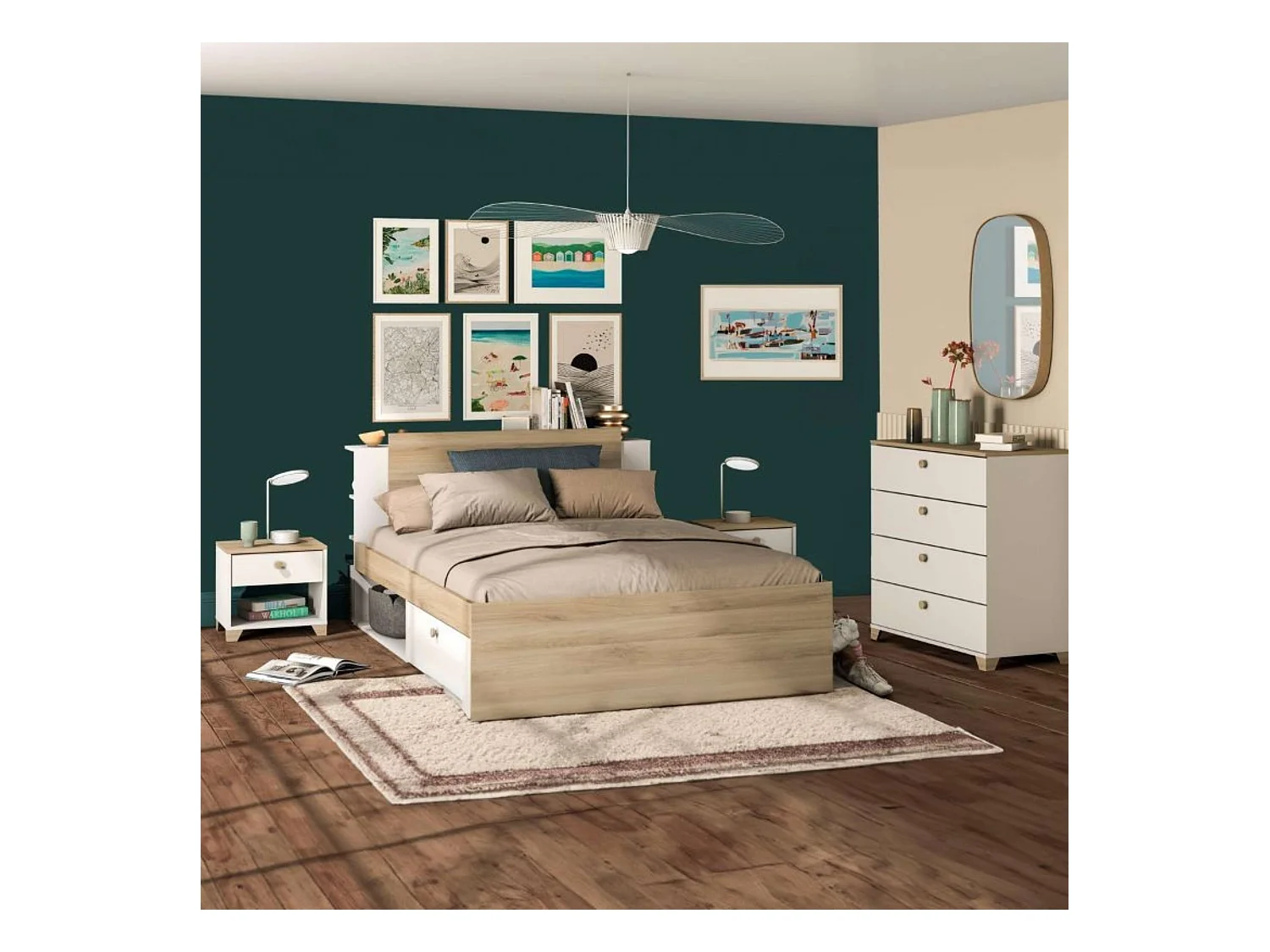 Dormitorio Principal Izzy Blanco Mate & Roble (cama+cómoda+mesitas)