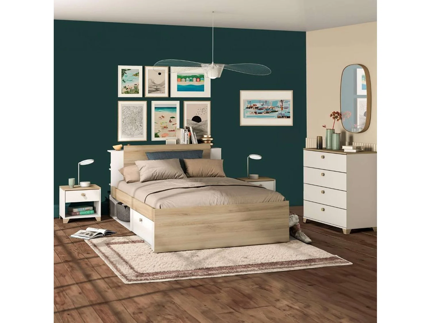 Dormitorio Principal Izzy Blanco Mate & Roble (cama+cómoda+mesitas)