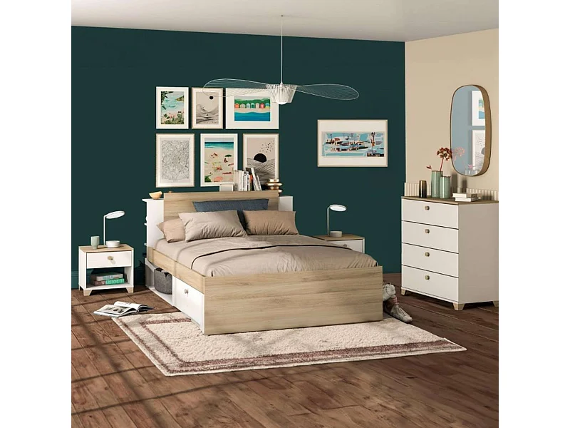 Dormitorio Principal Izzy Blanco Mate & Roble (cama+cómoda+mesitas)