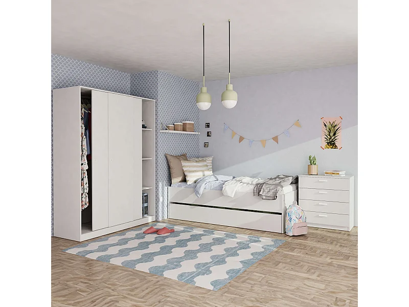 Pack Dormitorio Juvenil Tibet Blanco Mate: Cama 105x190 cm + Armario + Cómoda
