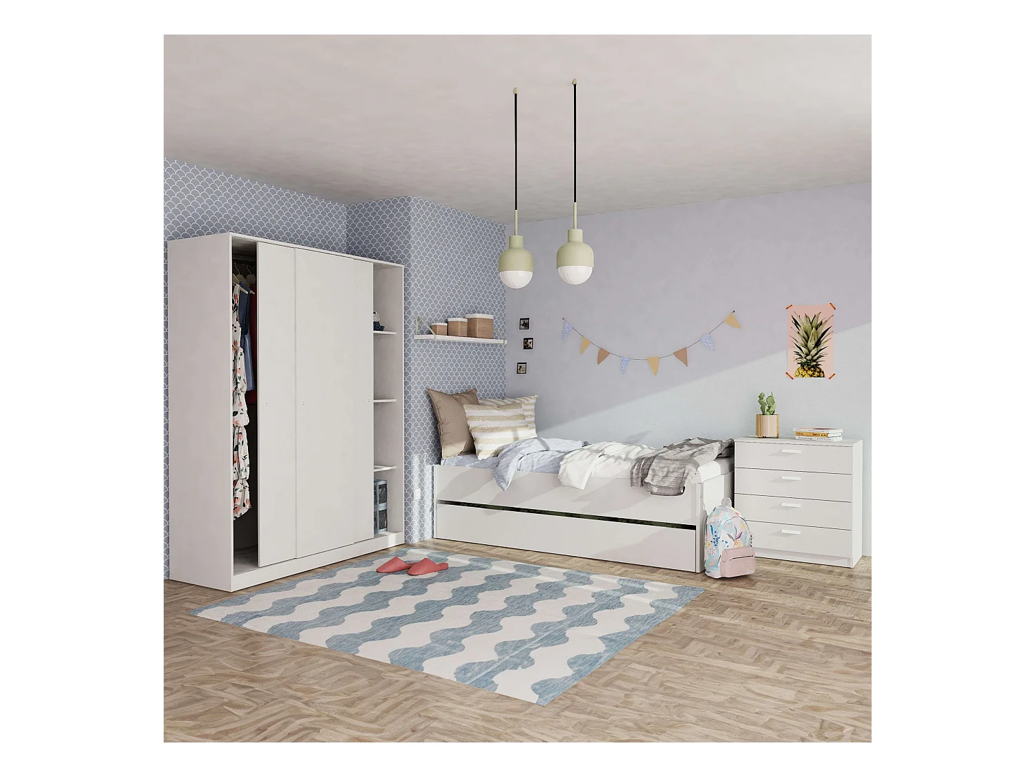 Pack Dormitorio Juvenil Tibet Blanco Mate: Cama 105x190 cm + Armario + Cómoda