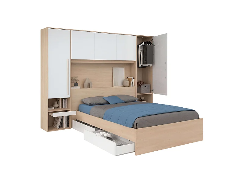 Pack Dormitorio John Cama Cajones 160x200 cm y Cabecero Puente Roble