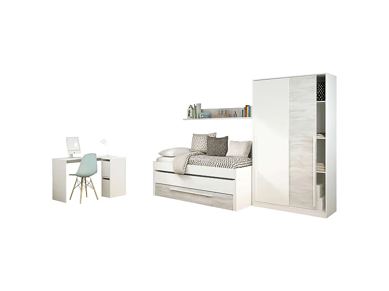 Pack Muebles Dorm. Juvenil Blanco Roble Cama+Armario+Escritorio