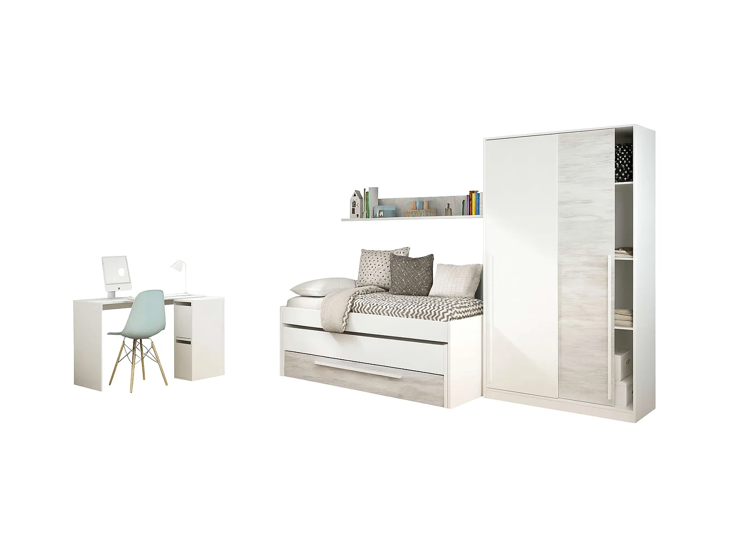 Pack Muebles Dorm. Juvenil Blanco Roble Cama+Armario+Escritorio