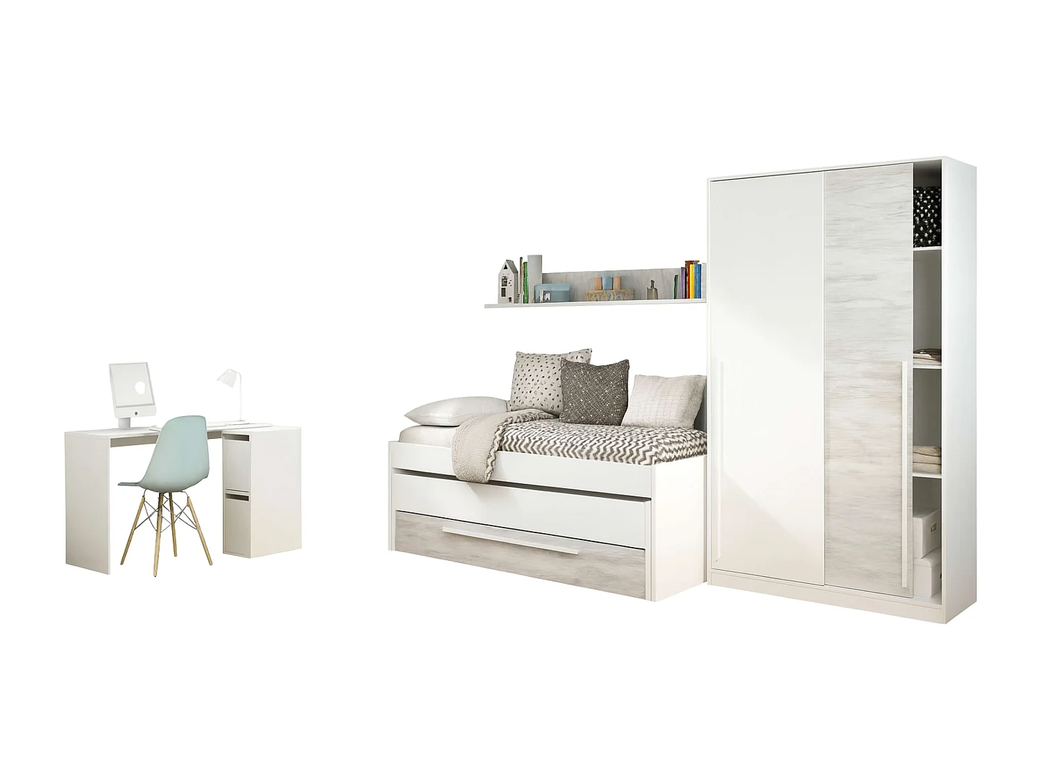 Pack Muebles Dorm. Juvenil Blanco Roble Cama+Armario+Escritorio
