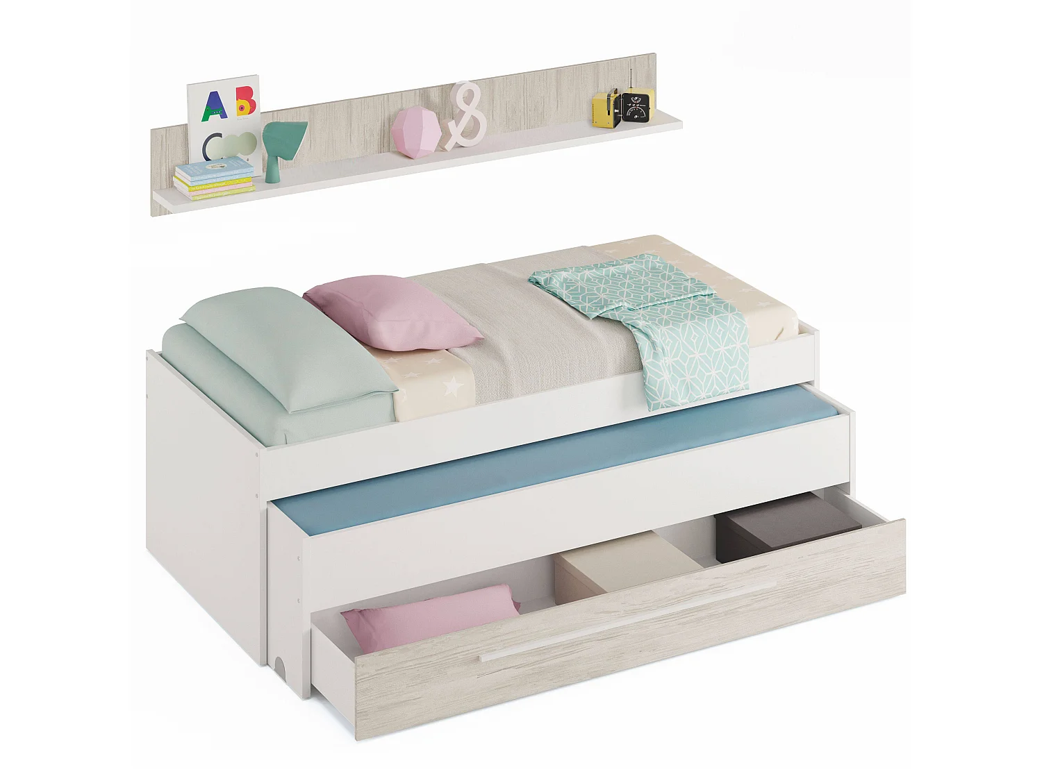 Pack Muebles Dorm. Juvenil Blanco Roble Cama+Armario+Escritorio
