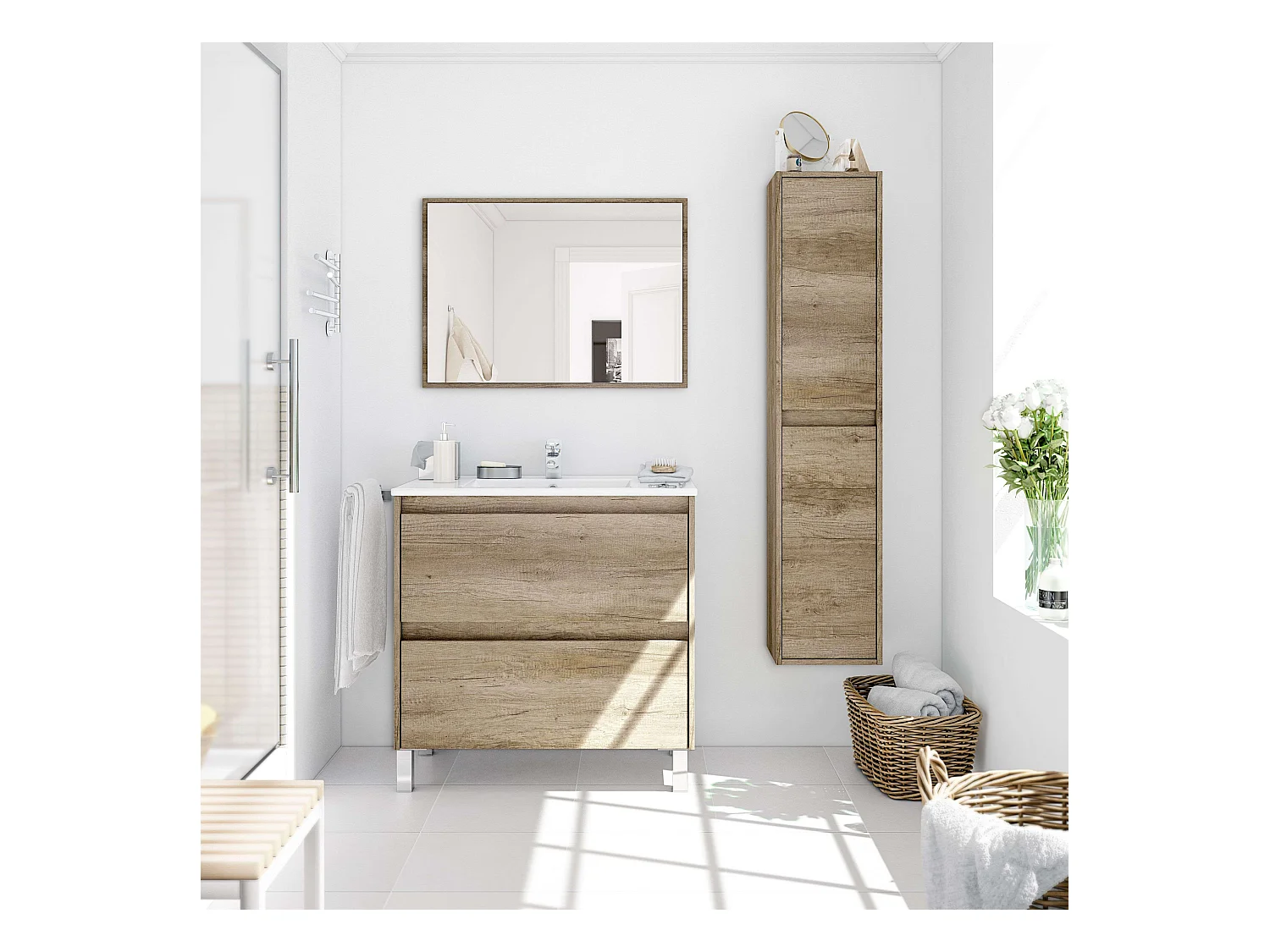 Baño: Mueble lavabo + columna + espejo + lavabo PMMA roble diseño moderno