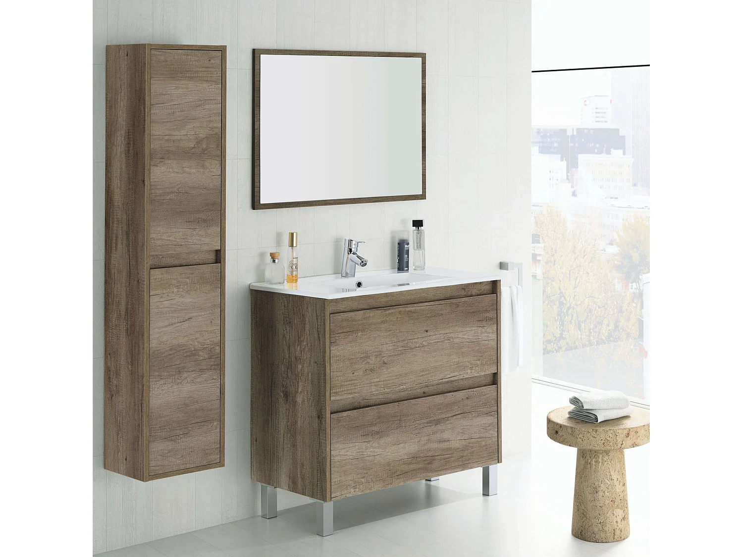 Baño: Mueble lavabo + columna + espejo + lavabo PMMA roble diseño moderno