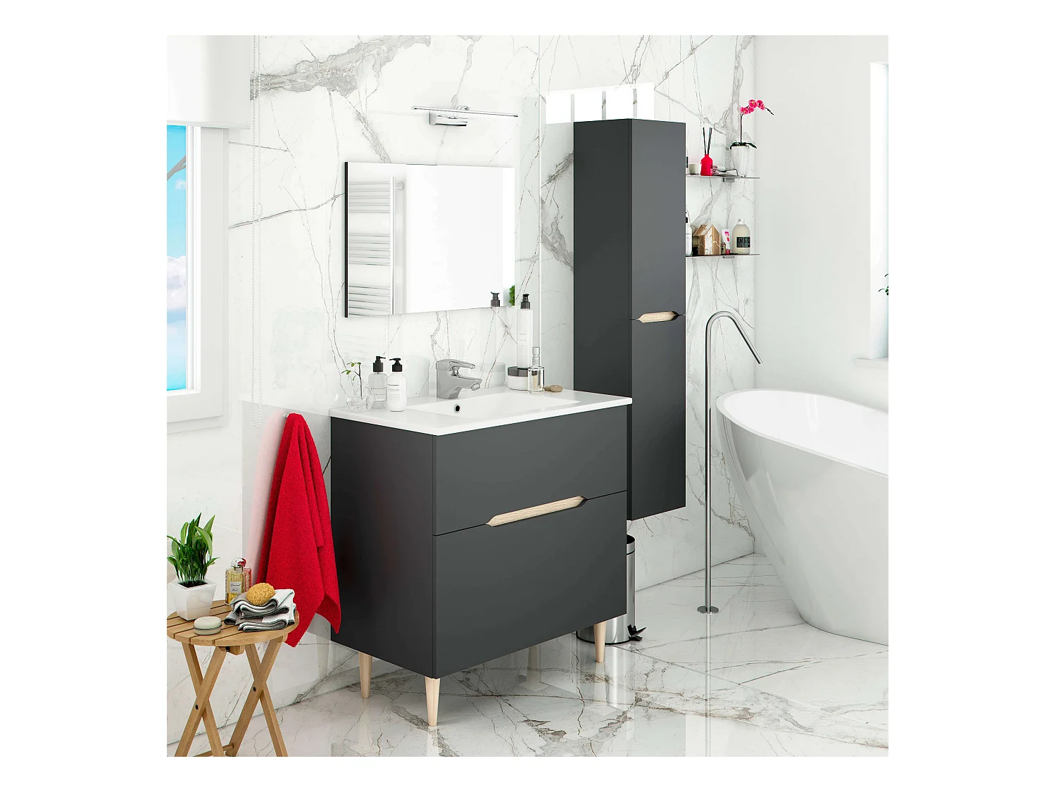 Muebles de Baño Moderno Lotto Gris Antracita y Roble (espejo+lavabo+columna)