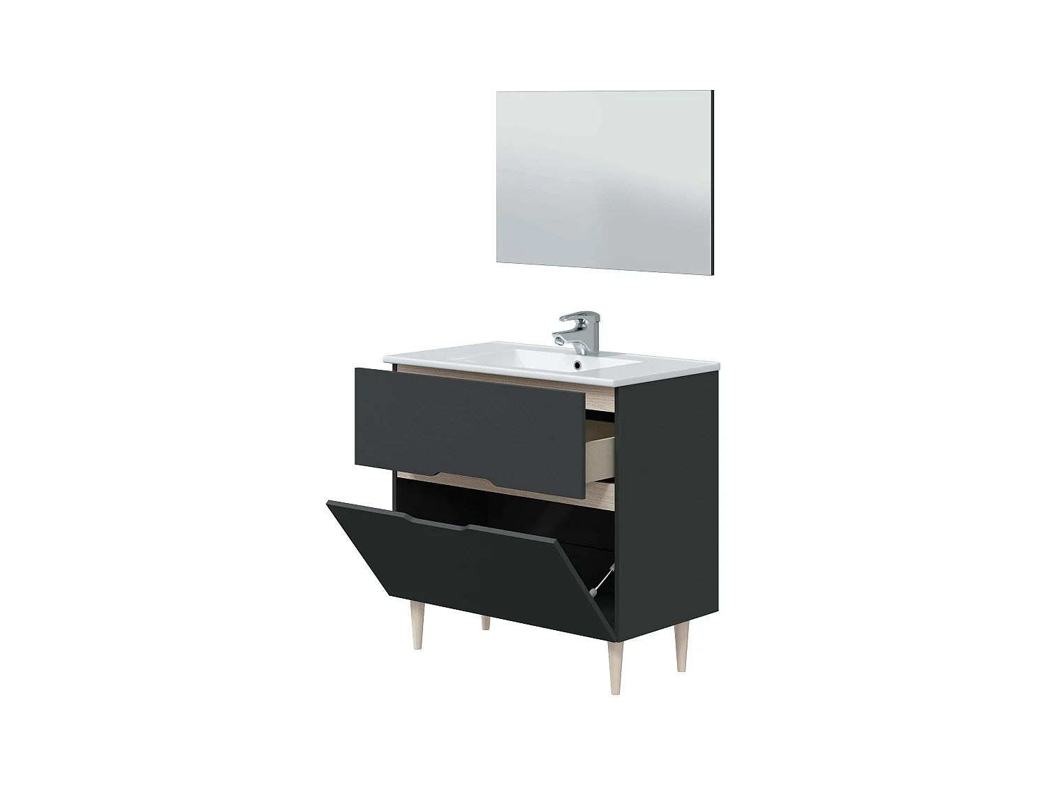 Muebles de Baño Moderno Lotto Gris Antracita y Roble (espejo+lavabo+columna)
