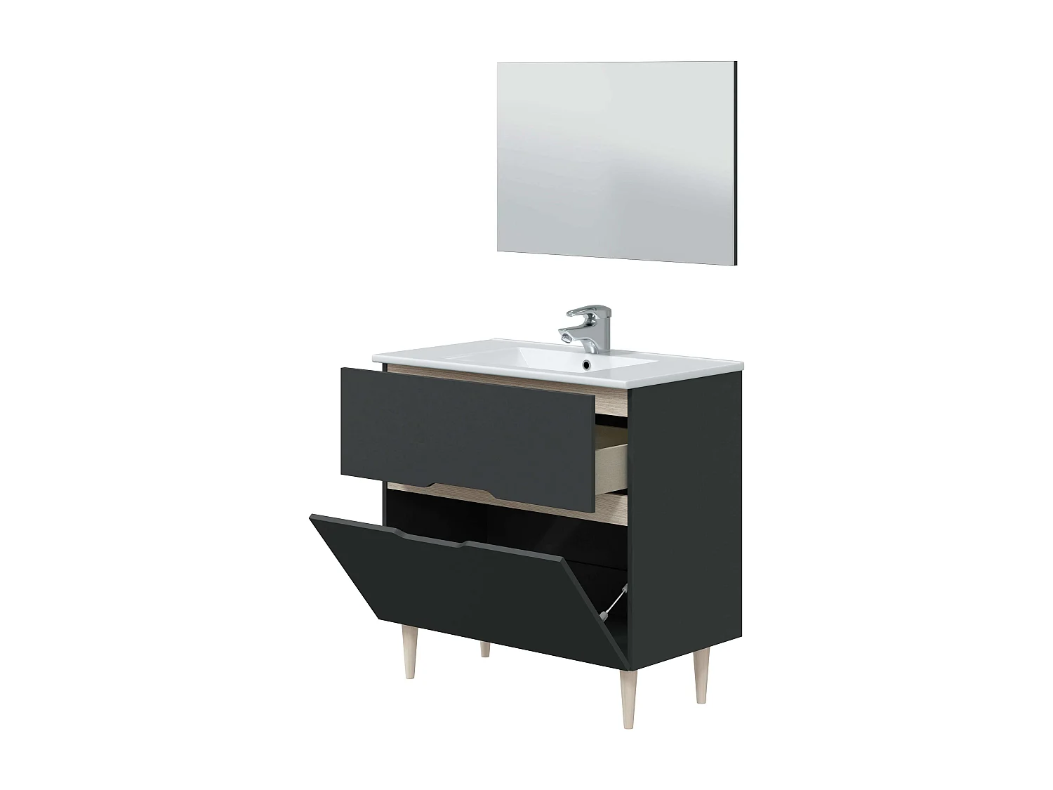 Muebles de Baño Moderno Lotto Gris Antracita y Roble (espejo+lavabo+columna)