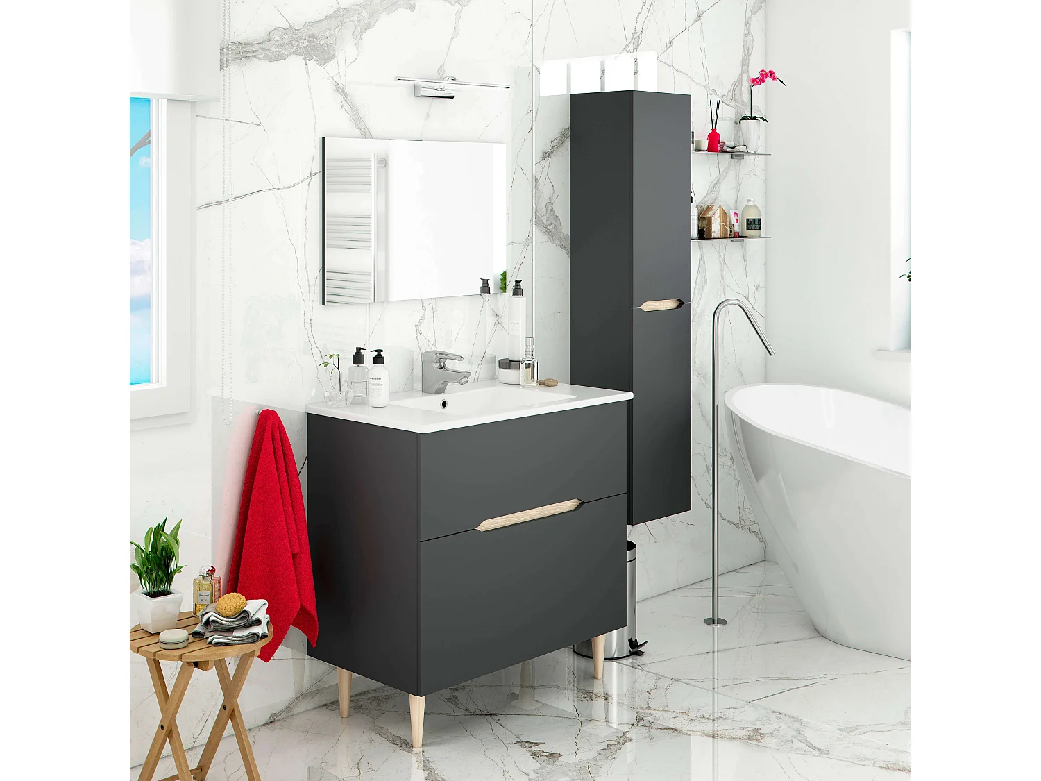 Muebles de Baño Moderno Lotto Gris Antracita y Roble (espejo+lavabo+columna)