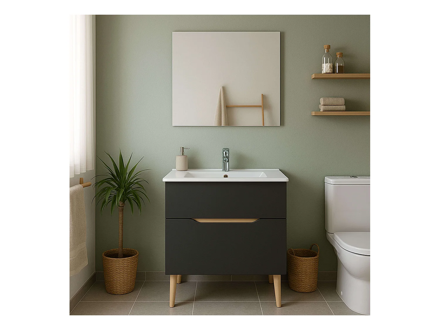 Mueble Baño Espejo Lavabo Lotto Gris Antracita Roble Claro 80x45x80 cm