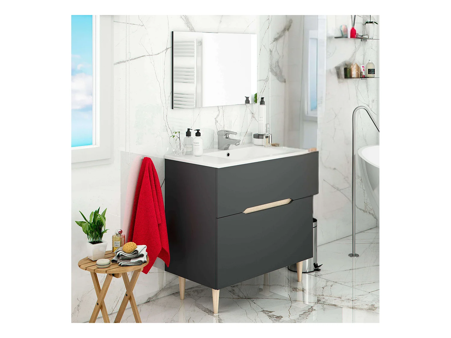 Mueble Baño Espejo Lavabo Lotto Gris Antracita Roble Claro 80x45x80 cm