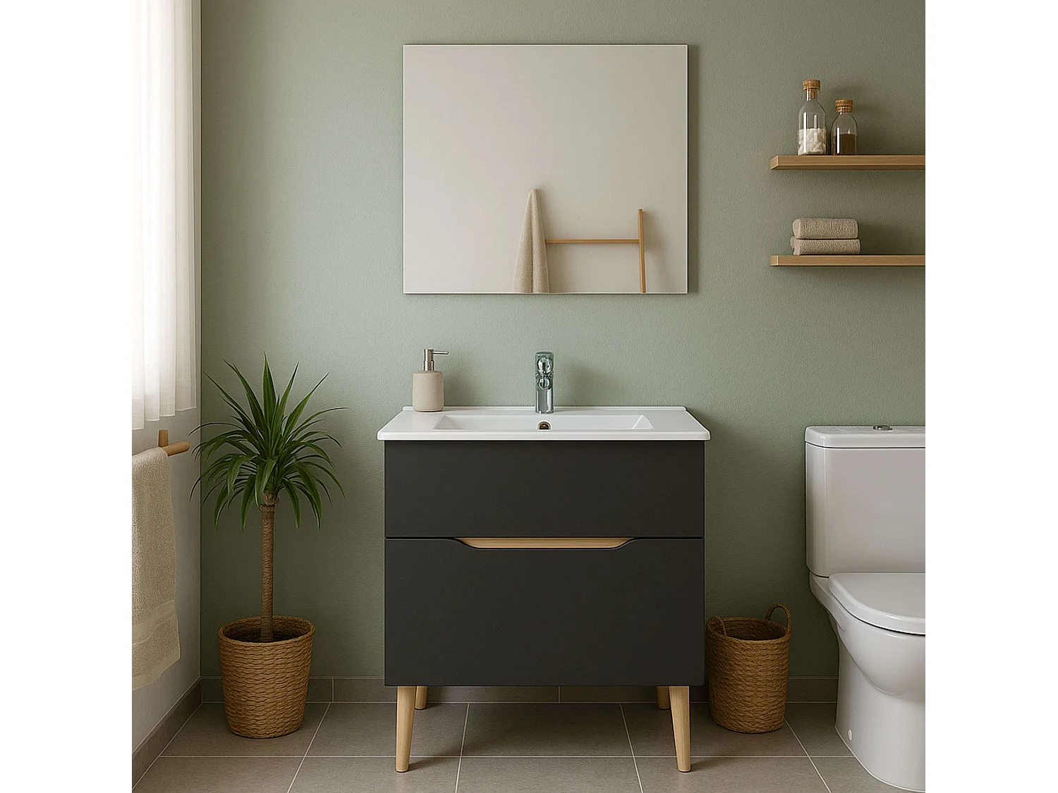 Mueble Baño Espejo Lavabo Lotto Gris Antracita Roble Claro 80x45x80 cm