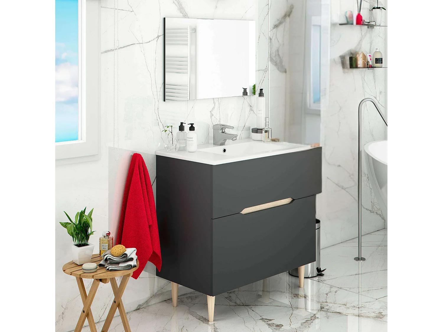 Mueble Baño Espejo Lavabo Lotto Gris Antracita Roble Claro 80x45x80 cm