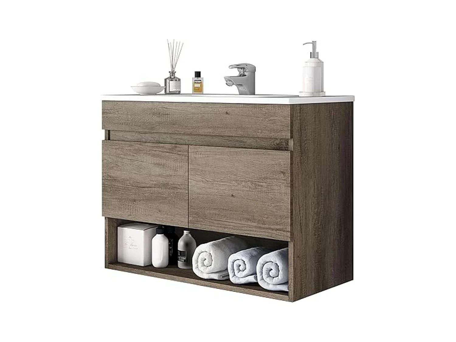 Conjunto Baño Suspendido 2 Puertas, Espejo, Lavamanos PMMA, Columna