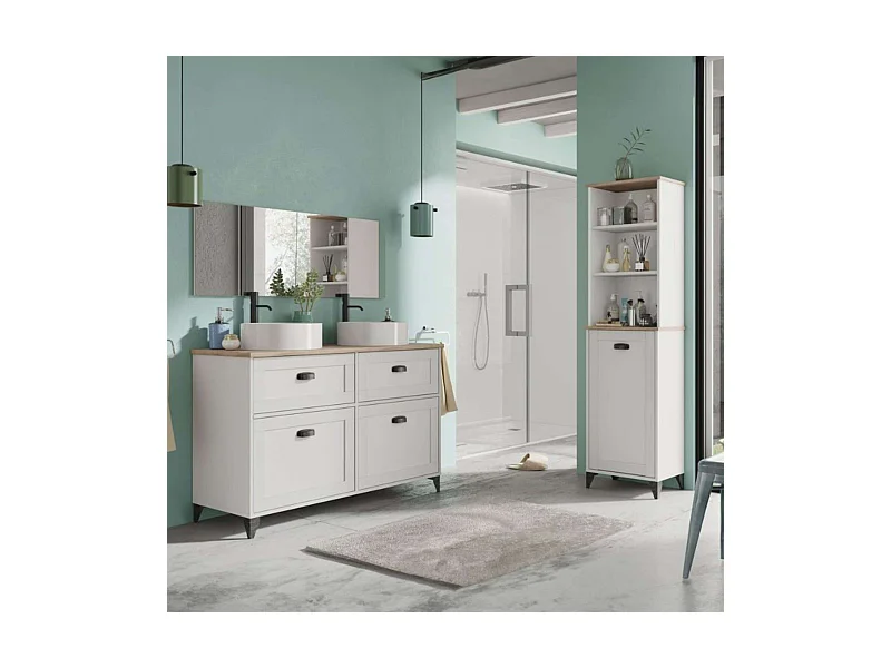 Conjunto Baño Toscana Blanco Soft y Roble Cambrian (Mueble+lavamanos+columna)