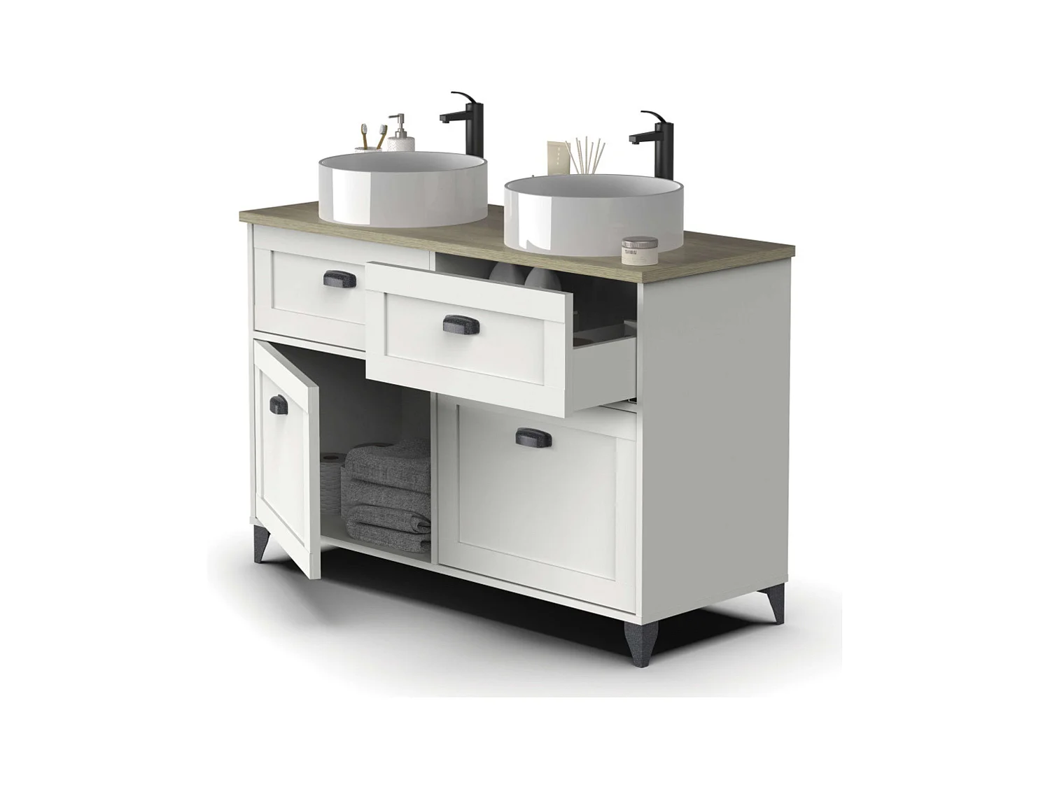 Conjunto Baño Toscana Blanco Soft y Roble Cambrian (Mueble+lavamanos+columna)