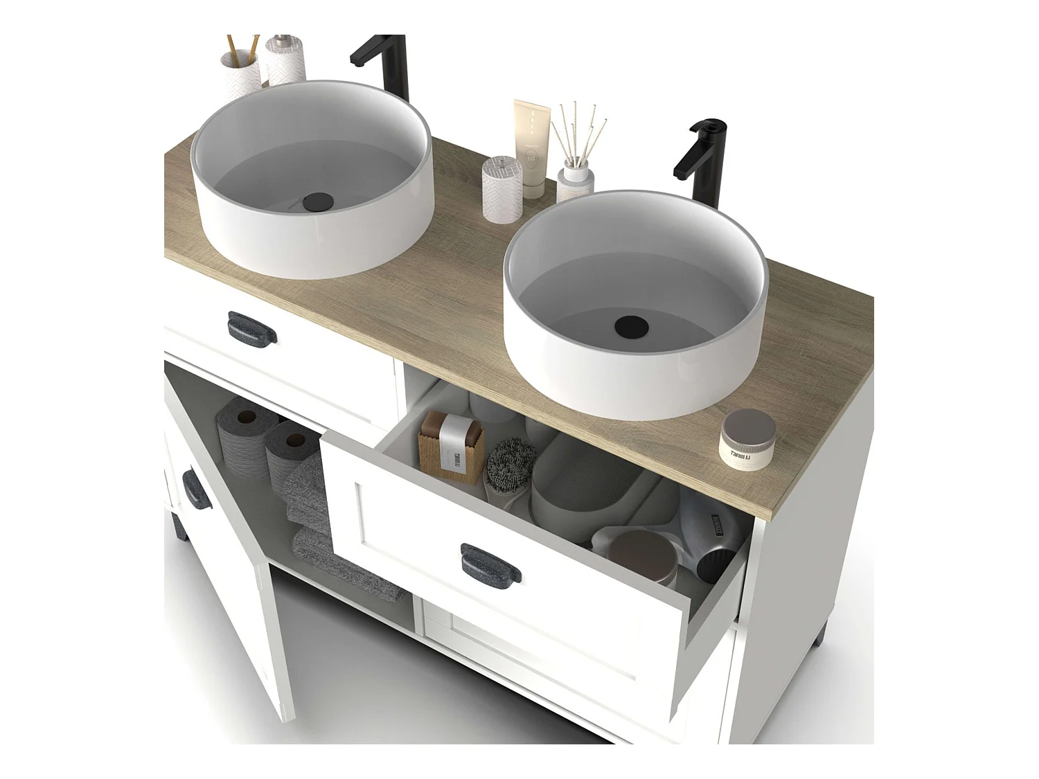 Conjunto Baño Toscana Blanco Soft y Roble Cambrian (Mueble+lavamanos+columna)